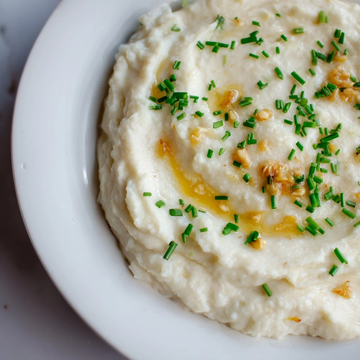 Creamy roasted garlic mashed cauliflower served warm in a rustic bowl, garnished with fresh chives for a low-carb side dish.
