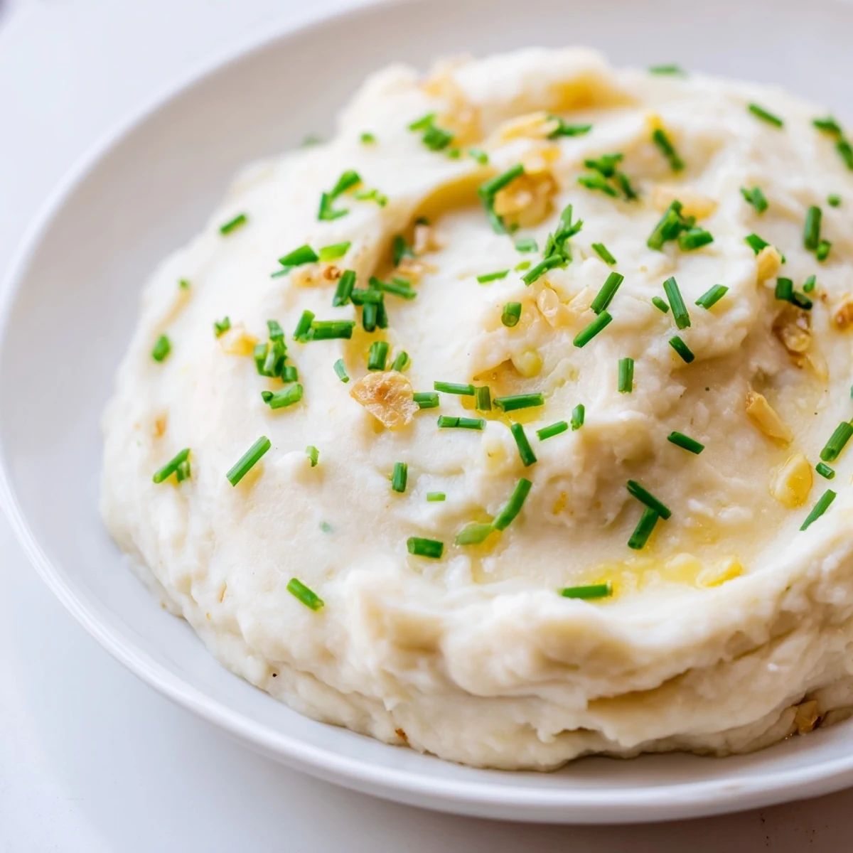 A close-up of smooth roasted garlic mashed cauliflower, highlighting its velvety texture next to the roasted garlic bulb.