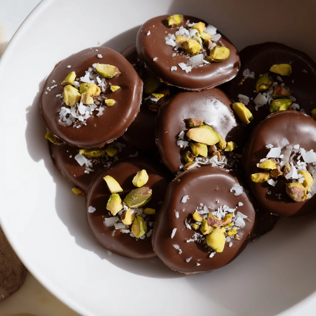 Chilled Chocolate Covered Banana Bites topped with chopped nuts and coconut on a tray.