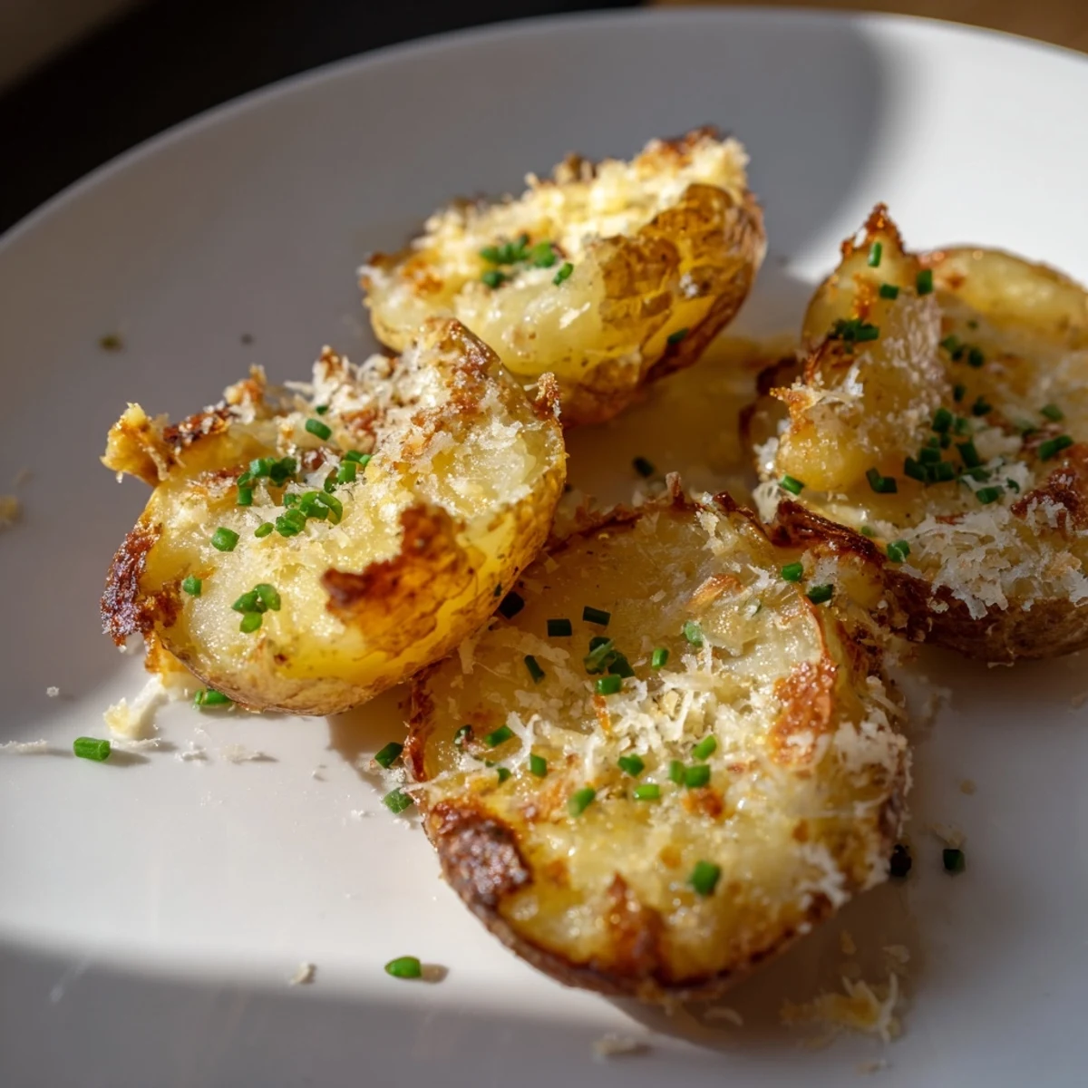 Golden-brown Garlic Parmesan Smashed Potatoes with Chives piled high on a plate, crispy edges and fluffy centers visible.  