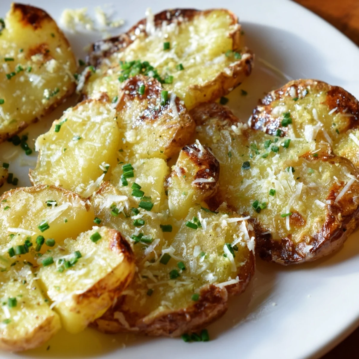 A close-up of Garlic Parmesan Smashed Potatoes with Chives, topped with melted Parmesan and fresh herbs.  