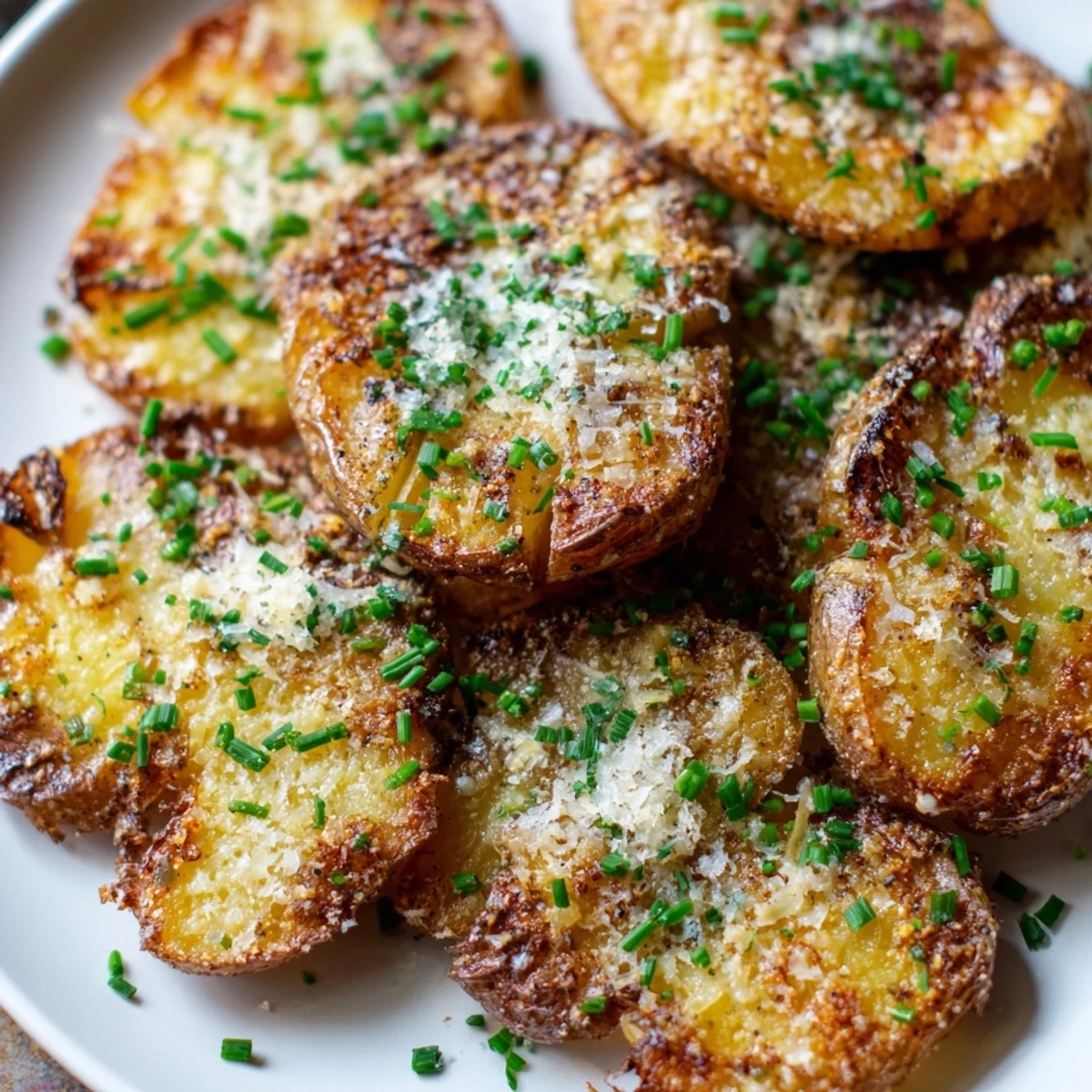 Garlic Parmesan Smashed Potatoes with Chives served as a side dish next to grilled chicken on a rustic table.