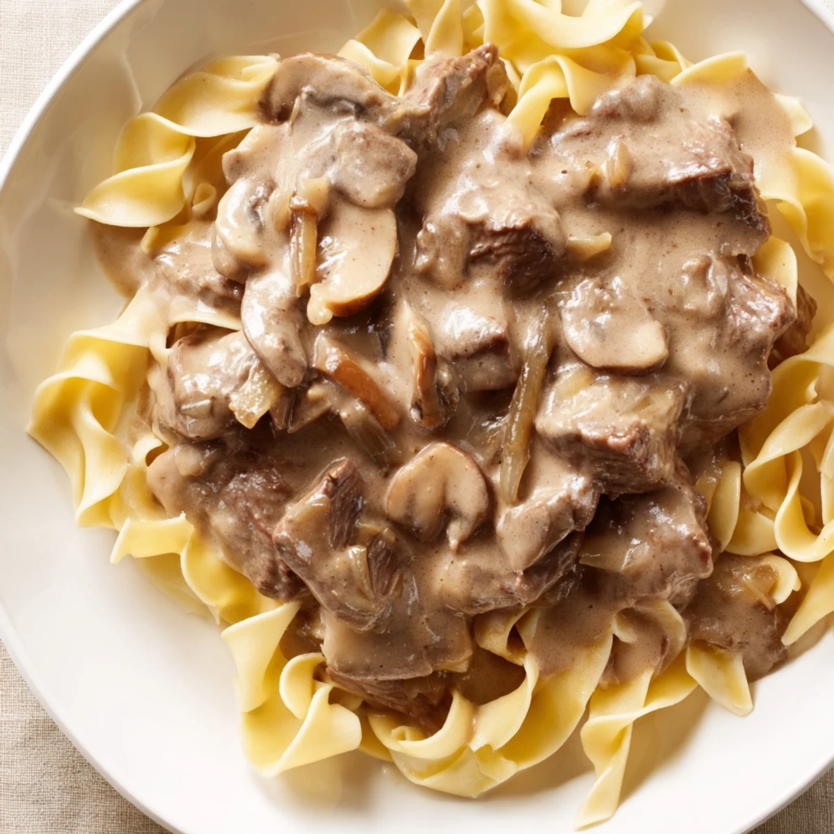 Tender beef strips and mushrooms in creamy gravy over egg noodles, Beef Stroganoff with Mushroom Gravy garnished with fresh parsley.  