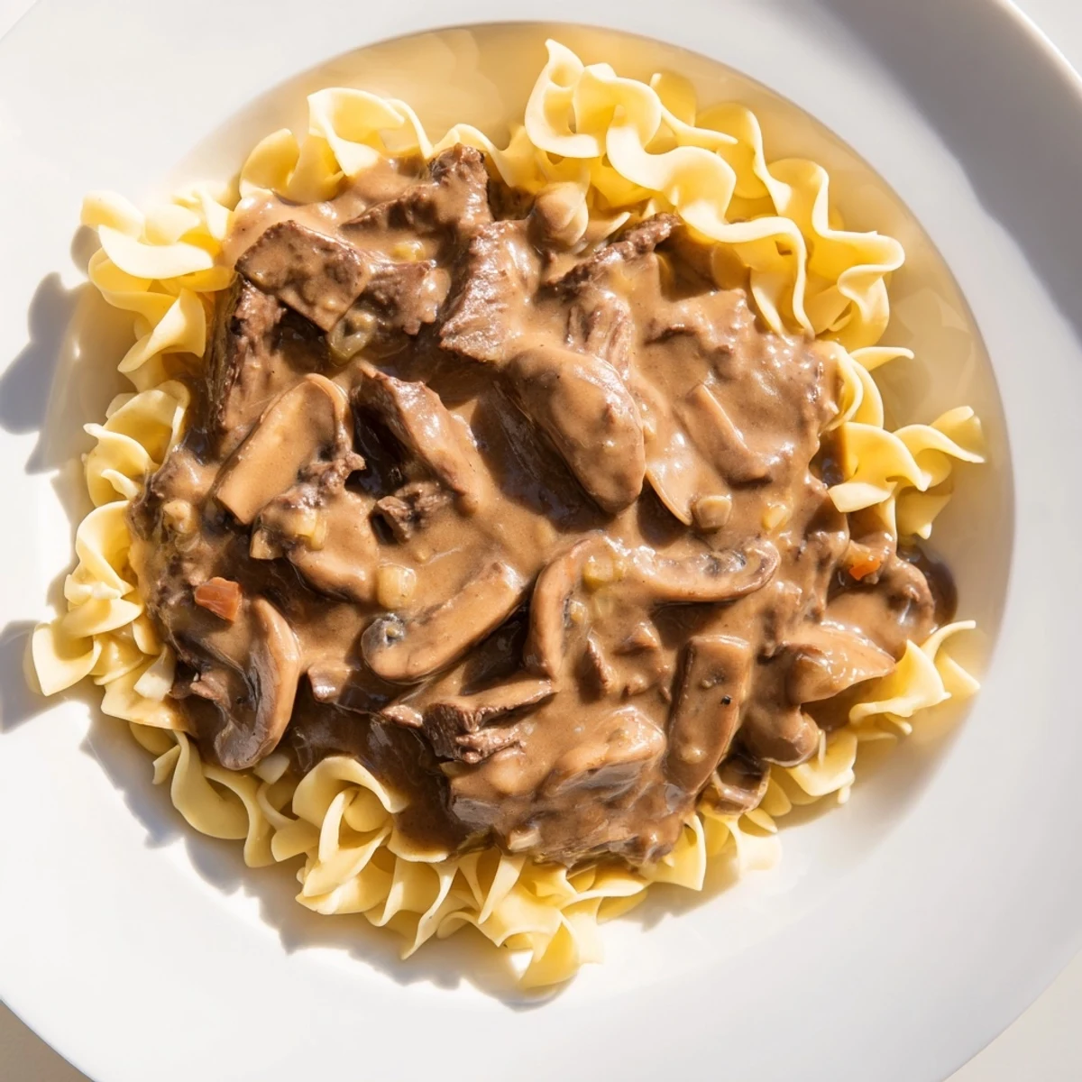 Close-up of Beef Stroganoff with Mushroom Gravy, sautéed mushrooms and savory beef in rich sauce on noodles.