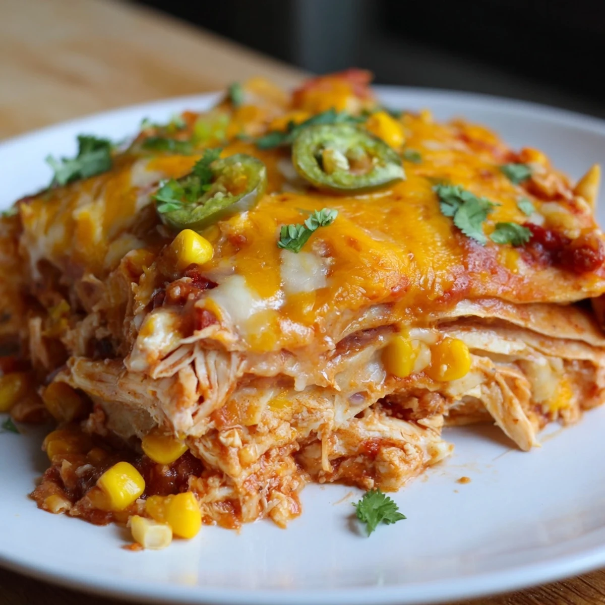 Bubbling, golden-brown Chicken Enchilada Casserole with Cheese rests in a baking dish, garnished with fresh cilantro and jalapeños for a flavorful Mexican-inspired dinner.