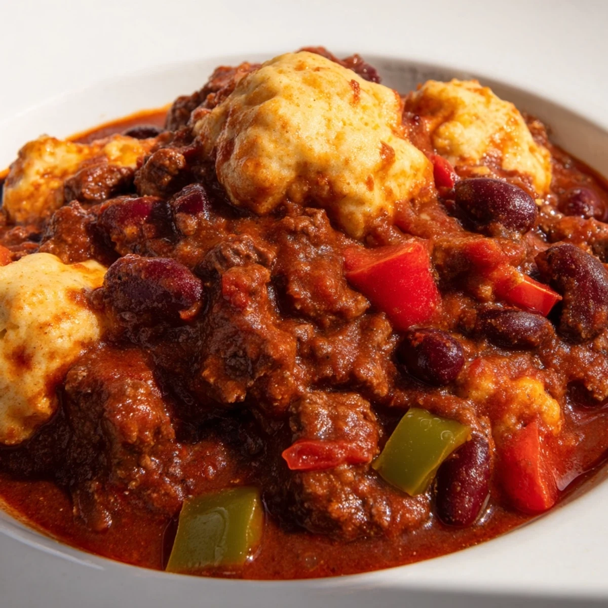 A close-up of beef chili with cornbread dumplings, steam rising from the hearty beef and bean stew.