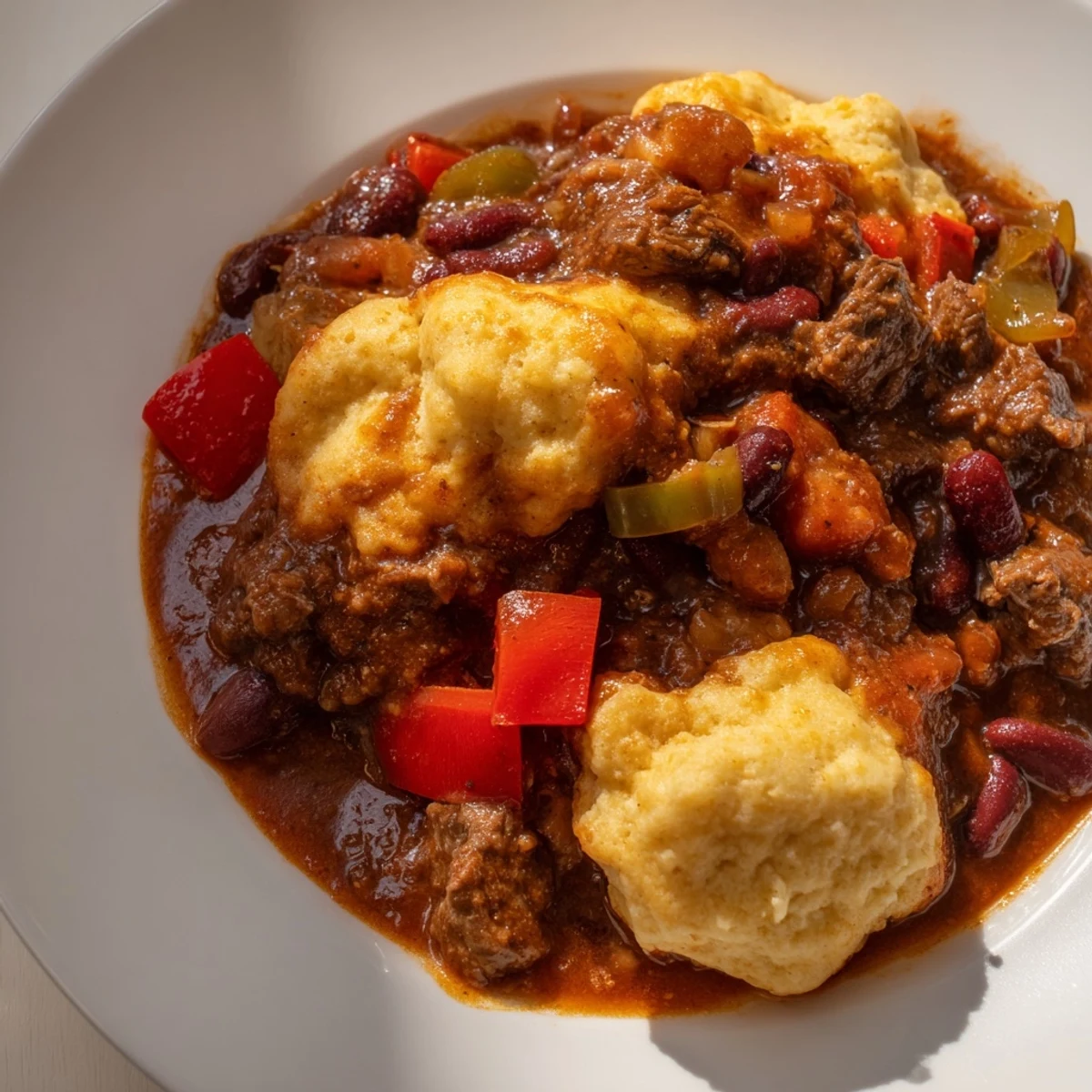 Hearty beef chili with cornbread dumplings bubbling in a Dutch oven, ready for a cozy family dinner.