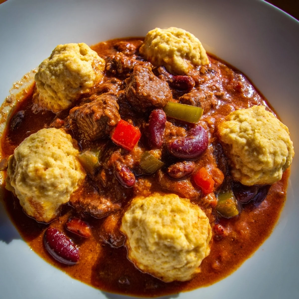 Serving suggestion of beef chili topped with golden-brown cornbread dumplings on a rustic table setting.