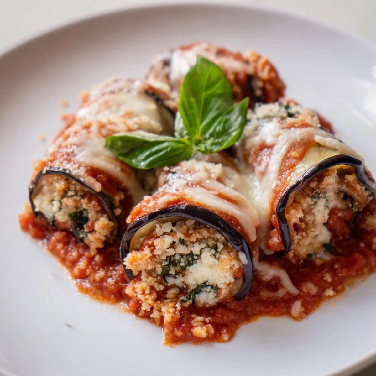Golden-brown eggplant rollatini with melted mozzarella and fresh basil garnish, served hot from the oven.  