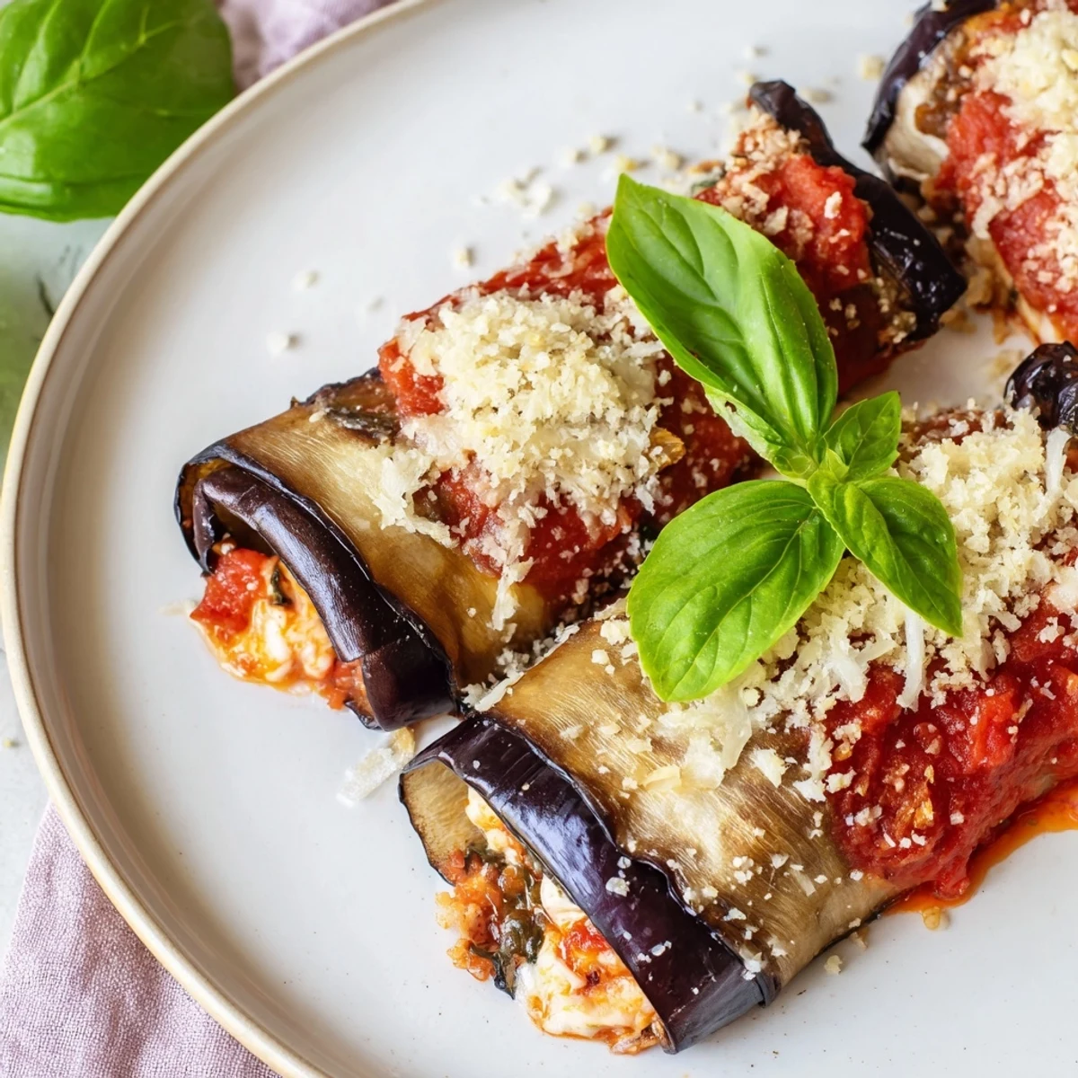 Tender roasted eggplant rolls filled with creamy ricotta and herbs, baked in rich marinara sauce for a comforting Italian meal.  