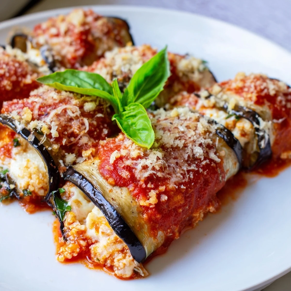 Savory baked eggplant rollatini with ricotta cheese, topped with breadcrumbs and served alongside a green salad.