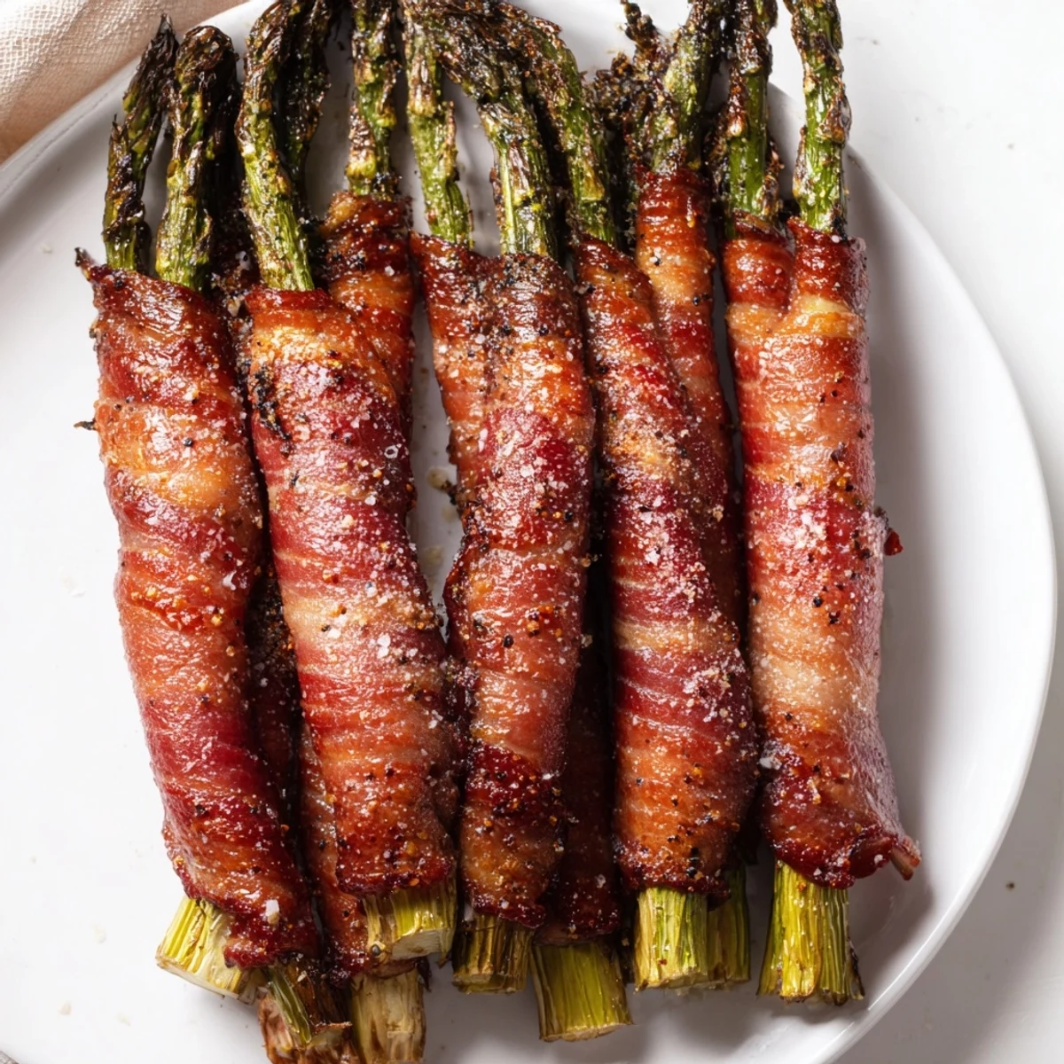 Crispy Beef Bacon Wrapped Asparagus Bundles roasted to golden perfection with tender green spears inside smoky beef bacon, served warm as an easy appetizer.