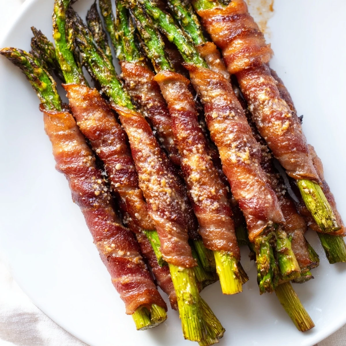 Golden Crispy Beef Bacon Wrapped Asparagus Bundles arranged on a platter, garnished with Parmesan and pepper, ready for a party spread or low carb snack.