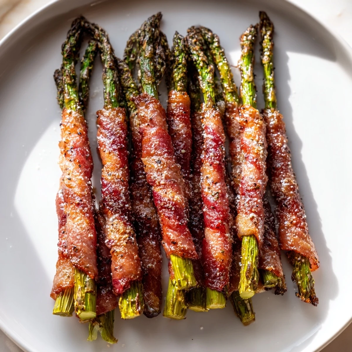 Sizzling Crispy Beef Bacon Wrapped Asparagus Bundles just out of the oven, showcasing crunchy beef bacon edges and tender asparagus for a savory American side dish.