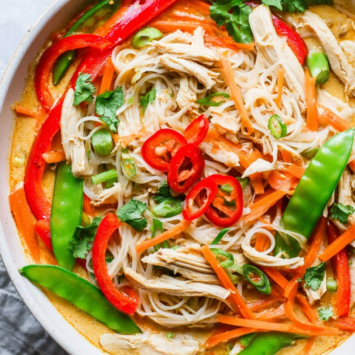 A steaming bowl of Thai Red Curry Noodle Soup with Chicken, garnished with fresh cilantro and lime wedges.