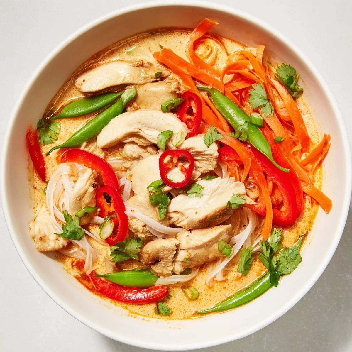Thai Red Curry Noodle Soup with Chicken served in a rustic bowl with tender chicken and snap peas.