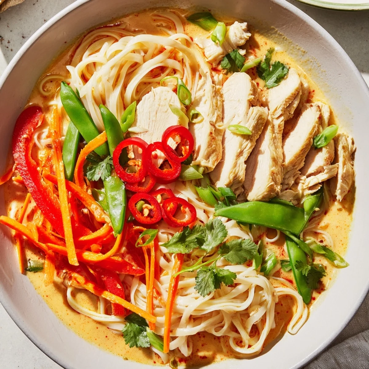 A close-up view of Thai Red Curry Noodle Soup with Chicken, featuring vibrant vegetables in creamy broth.