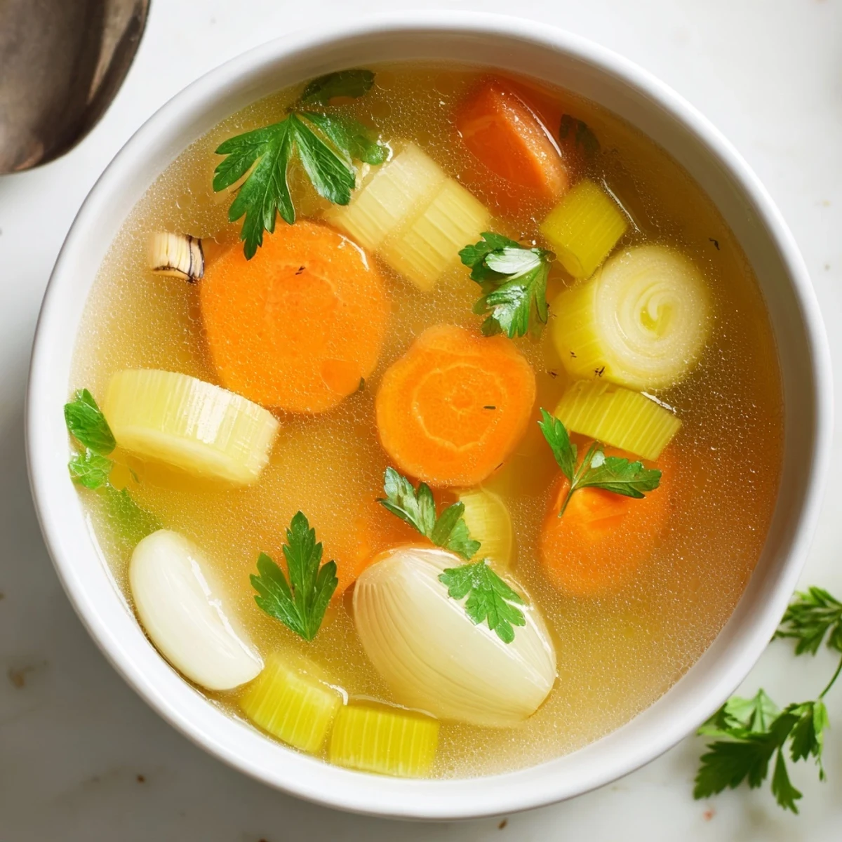 Golden homemade vegetable broth with fresh herbs simmering in a pot, showing vibrant carrots, celery, and rosemary.  