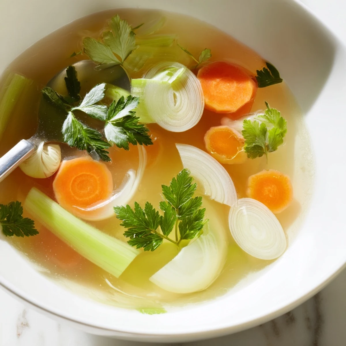 Chilled jars of homemade vegetable broth with fresh herbs, perfect for soups or sipping.