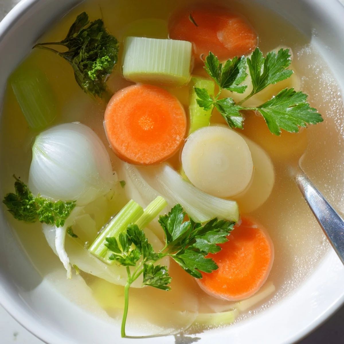 A fine-mesh sieve straining aromatic homemade vegetable broth into a clear glass bowl.  
