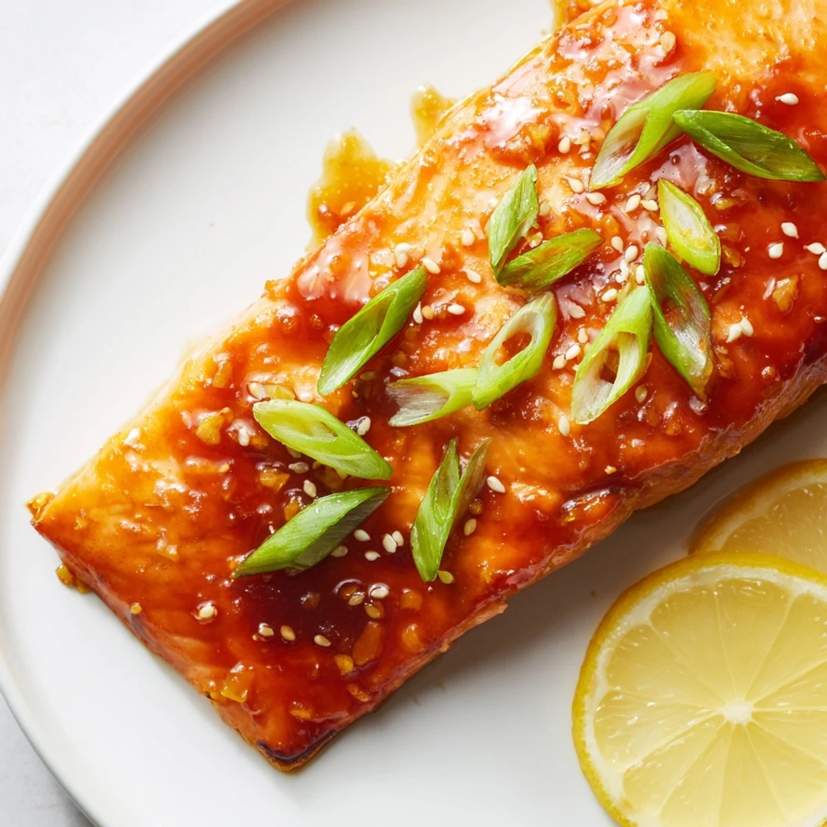 Golden-baked salmon fillets glistening with a rich teriyaki glaze, garnished with green onions and sesame seeds.  