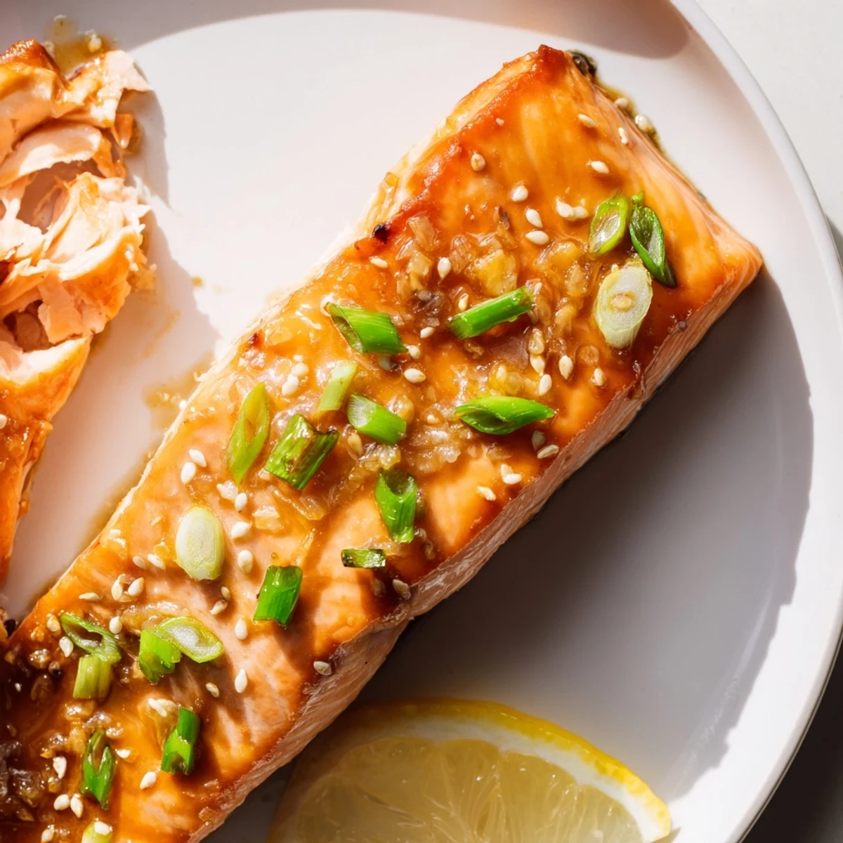 A close-up of tender salmon coated in sticky homemade teriyaki sauce, ready to serve over steamed rice.  