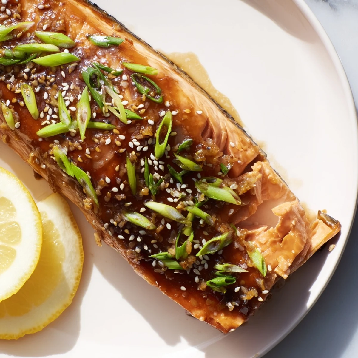 Freshly baked Baked Salmon with Teriyaki Glaze alongside lemon wedges and sautéed greens on a white plate.