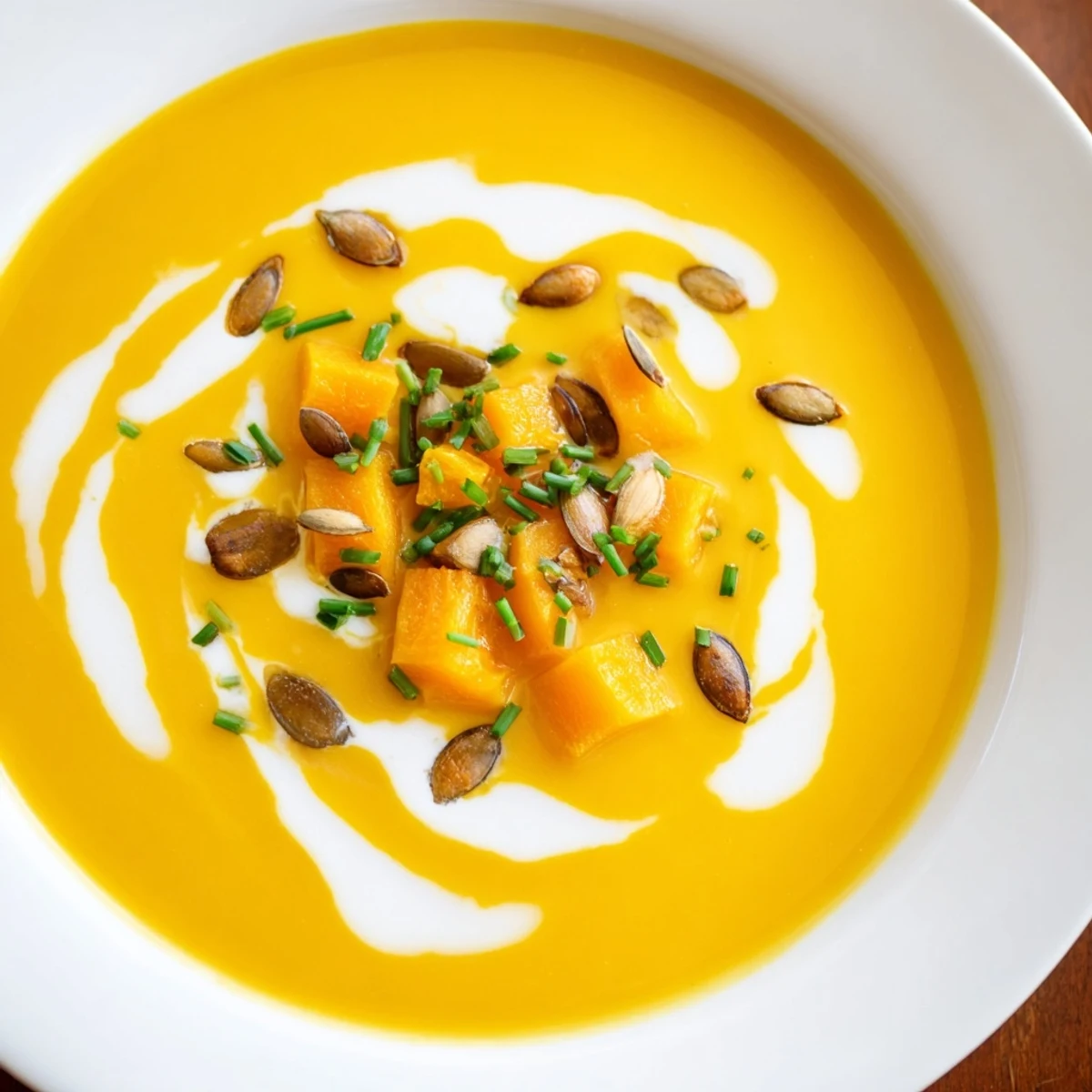 A bowl of creamy Winter Squash Soup with Apple, garnished with crème fraîche and roasted pepitas, perfect for a cozy autumn dinner.