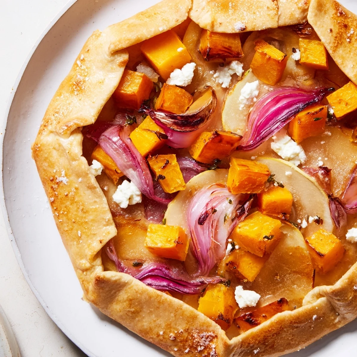 Freshly baked Roasted Butternut Squash and Apple Galette with a golden, flaky crust and caramelized edges.