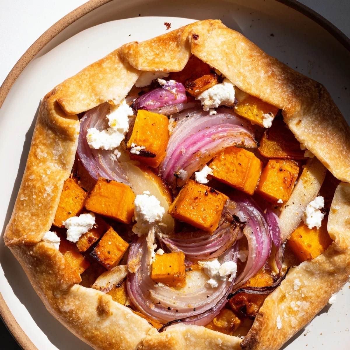 Sliced wedge of Roasted Butternut Squash and Apple Galette on a rustic wooden serving board.