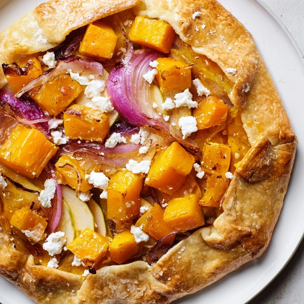 Overhead view of Roasted Butternut Squash and Apple Galette highlighting roasted vegetables and crumbled goat cheese.