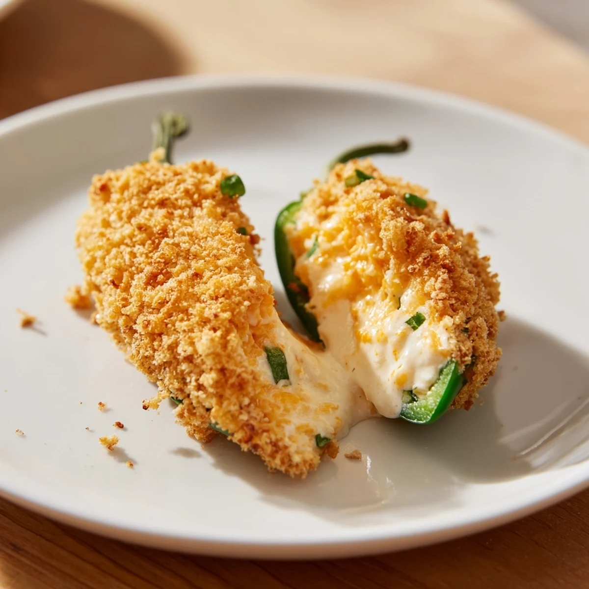Golden brown jalapeño poppers filled with sharp cheddar and cream cheese, garnished with fresh chives on a rustic table.
