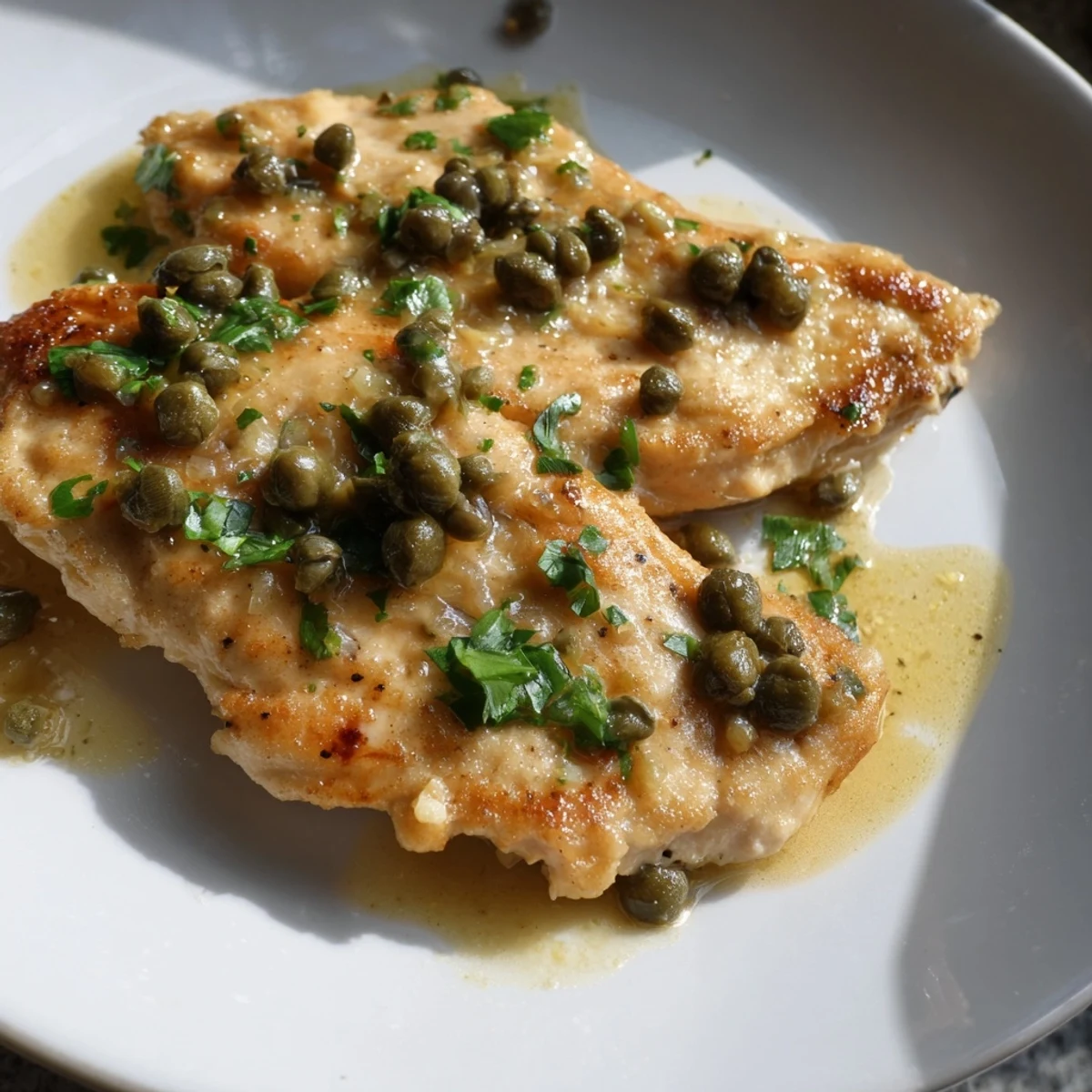 Golden-brown chicken cutlets smothered in a bright, tangy lemon caper sauce, served over linguine.