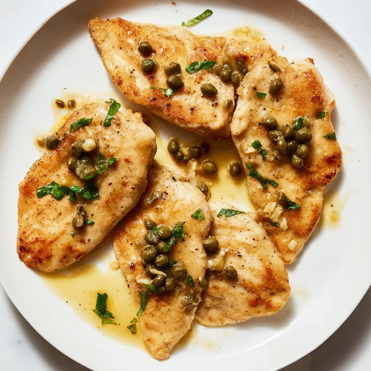 Plate of classic chicken piccata garnished with parsley, capers, and fresh lemon slices.