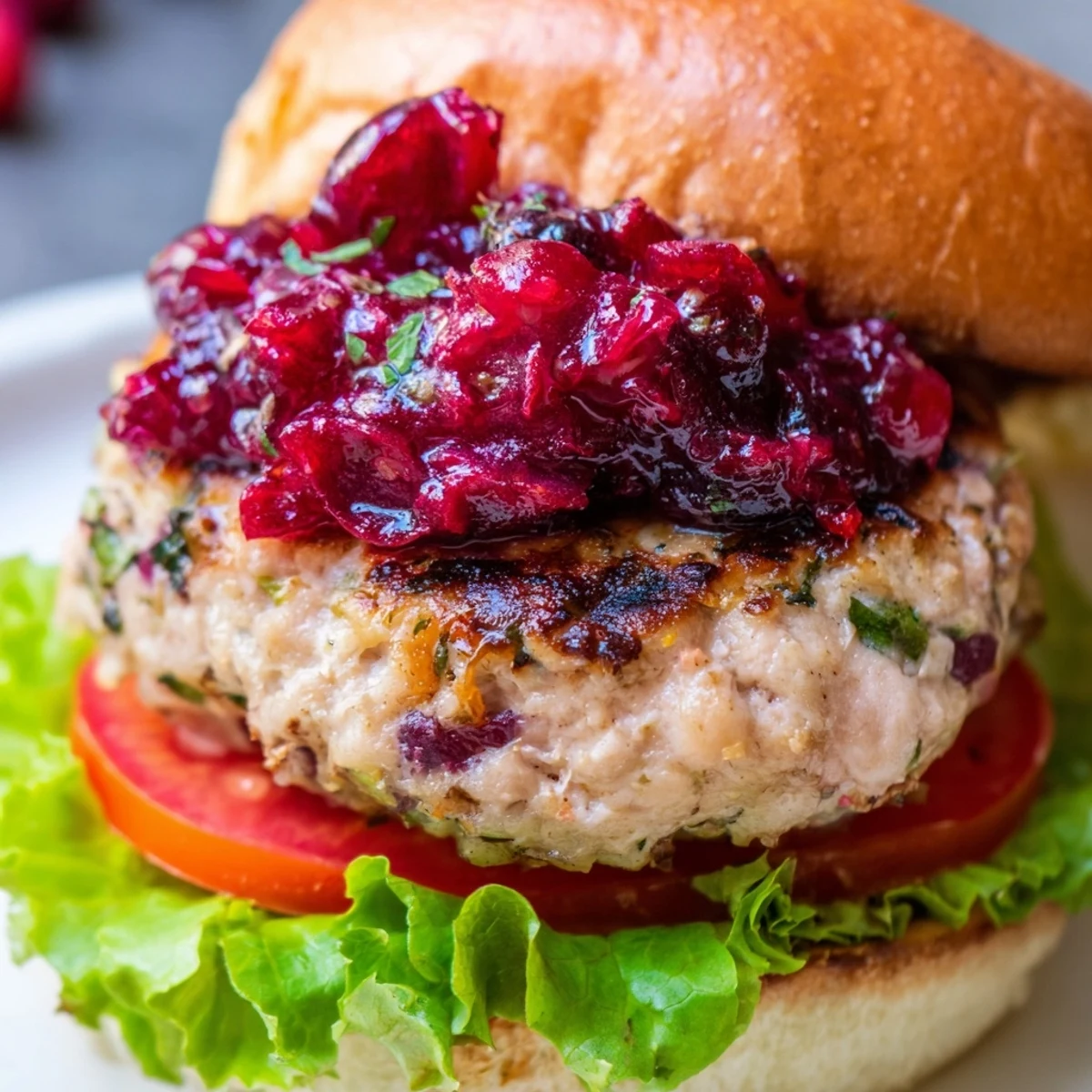 Golden-brown turkey burgers with cranberry sauce sit on toasted buns with fresh lettuce and tomato slices.