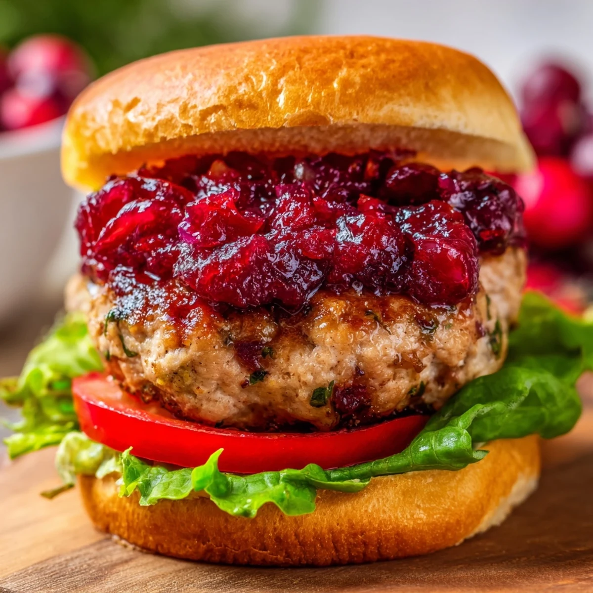 Freshly made tangy cranberry sauce simmering in a saucepan, a key ingredient for these delicious turkey burgers.
