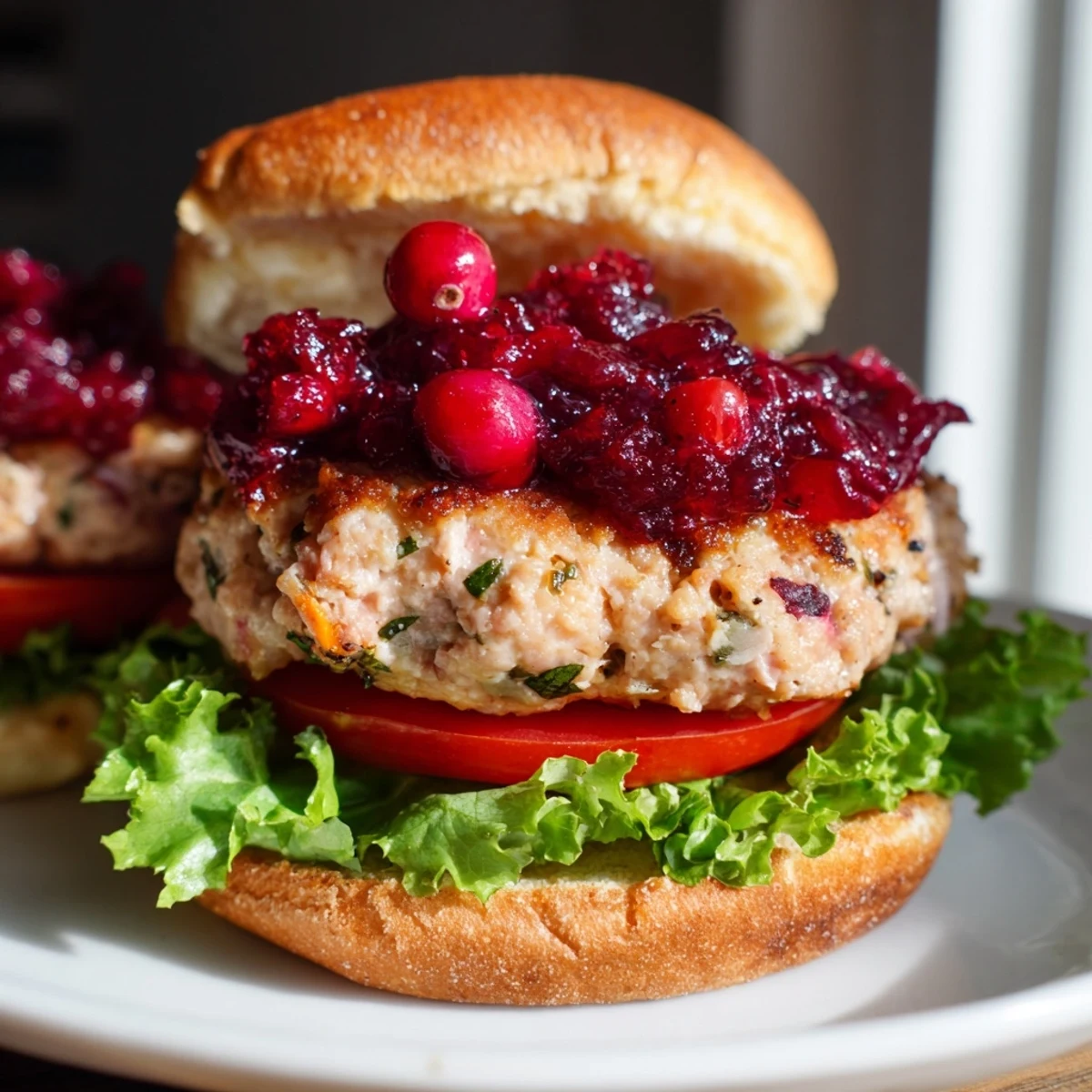 A plated turkey burger with cranberry sauce, red onions, and lettuce, served alongside crispy sweet potato fries.