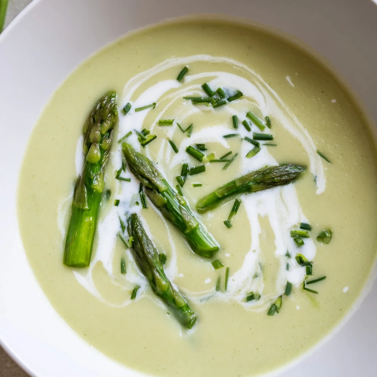 Vibrant green creamy asparagus soup with lemon, topped with delicate asparagus tips and fresh dill, ready to serve.
