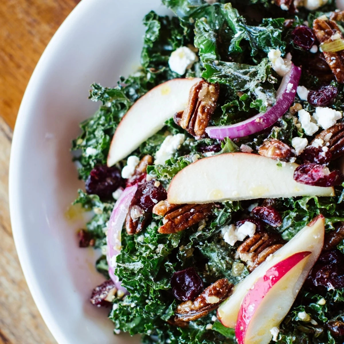 Festive Winter Kale Salad with Pecans and Cranberries topped with crumbled feta, perfect for a healthy holiday side dish.