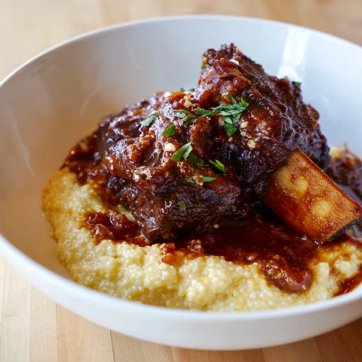 Creamy Polenta with Braised Beef Short Ribs served in a rustic shallow bowl, featuring tender meat falling off the bone in a rich red wine reduction.