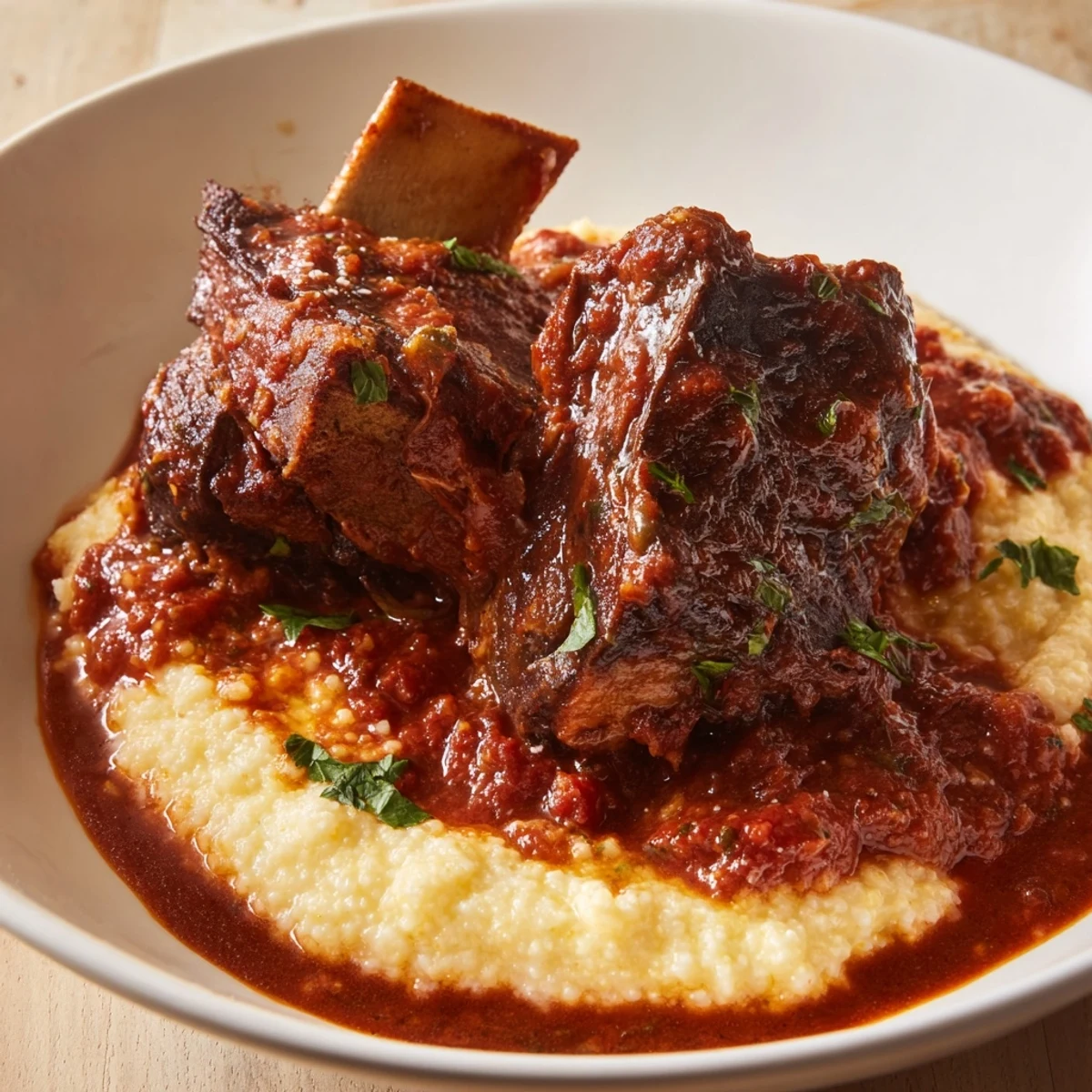 Golden, buttery polenta topped with succulent Braised Beef Short Ribs, garnished with fresh thyme and surrounded by deep red, savory sauce.