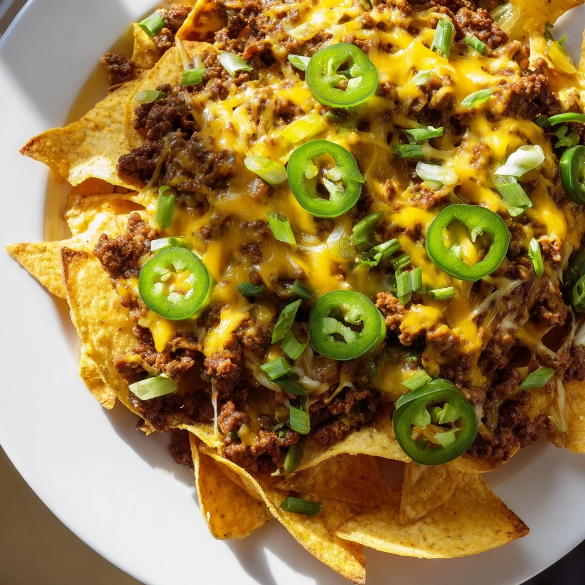 Golden, bubbly Beef Nachos with Jalapenos and Cheese served hot from the oven.
