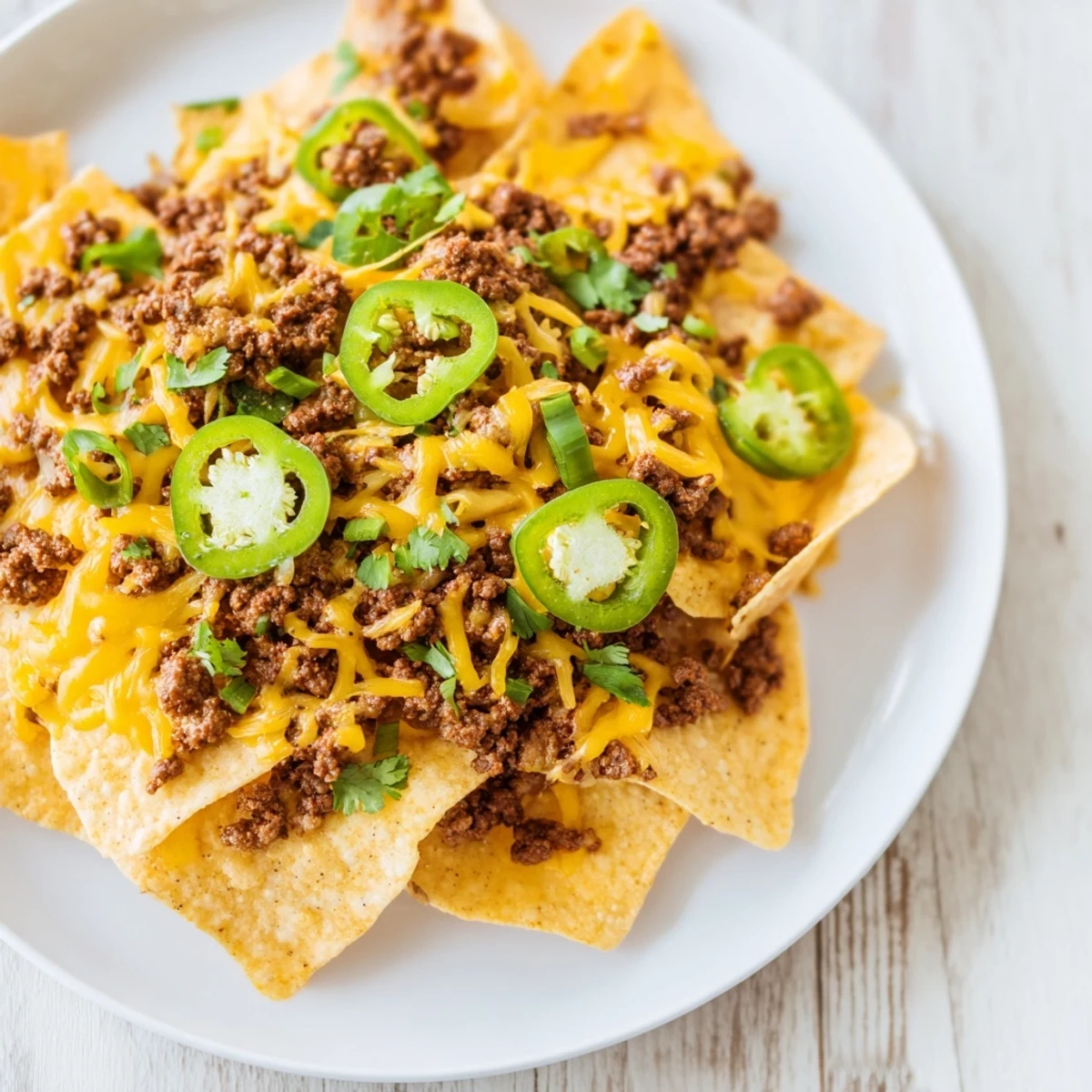Loaded tortilla chips topped with seasoned beef, spicy peppers, and melty cheese.