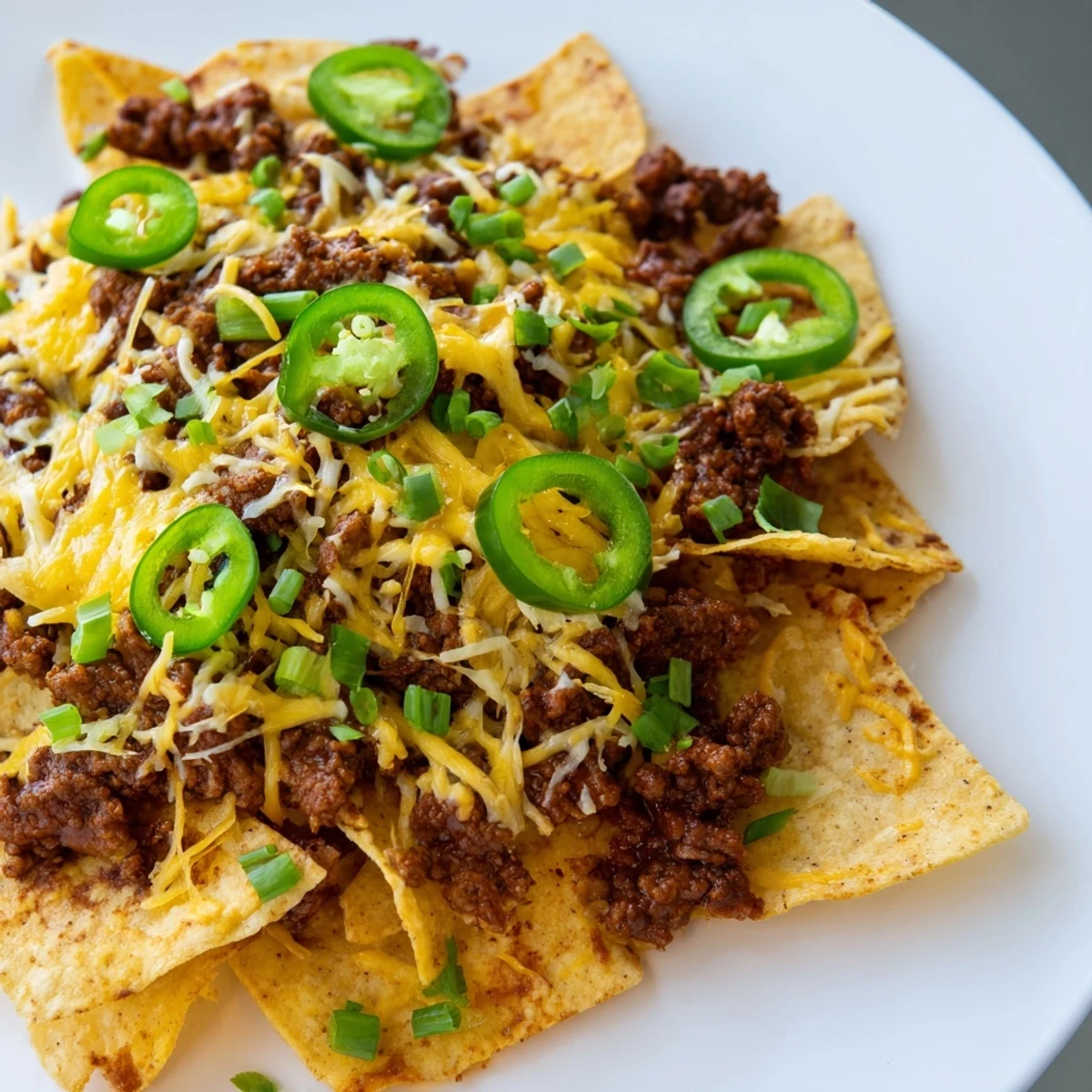 A skillet of freshly baked Tex-Mex Beef Nachos with Jalapenos and Cheese.