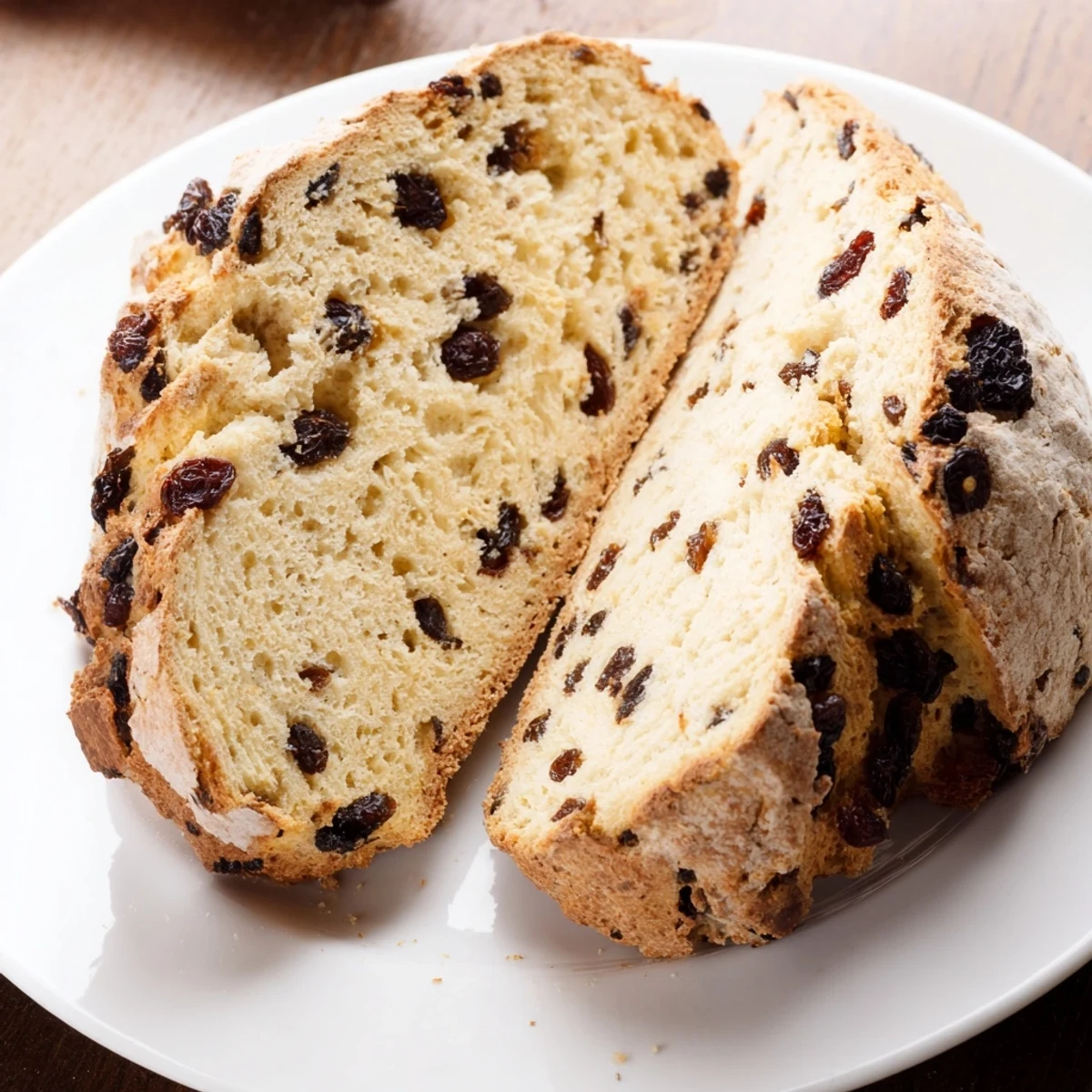 A rustic, golden-brown loaf of Irish Soda Bread with Currants and Caraway, featuring a deep cross on top and scattered caraway seeds, resting on a wooden board beside a spread of butter.  