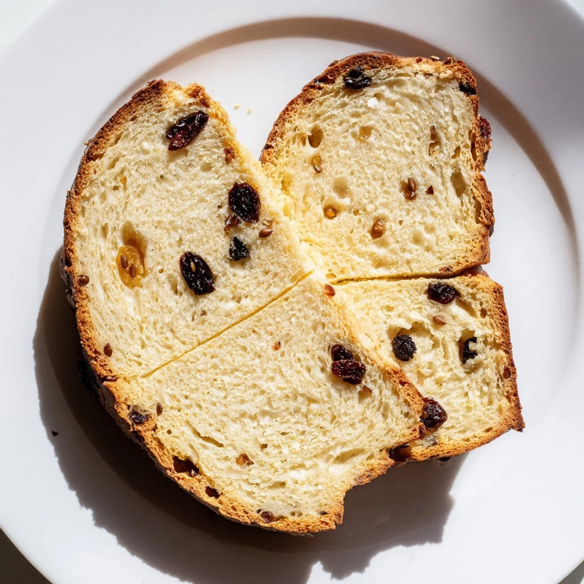 Warm slices of Irish Soda Bread with Currants and Caraway on a white plate, showing the moist interior with currants and a light dusting of flour, perfect for a cozy breakfast or snack.