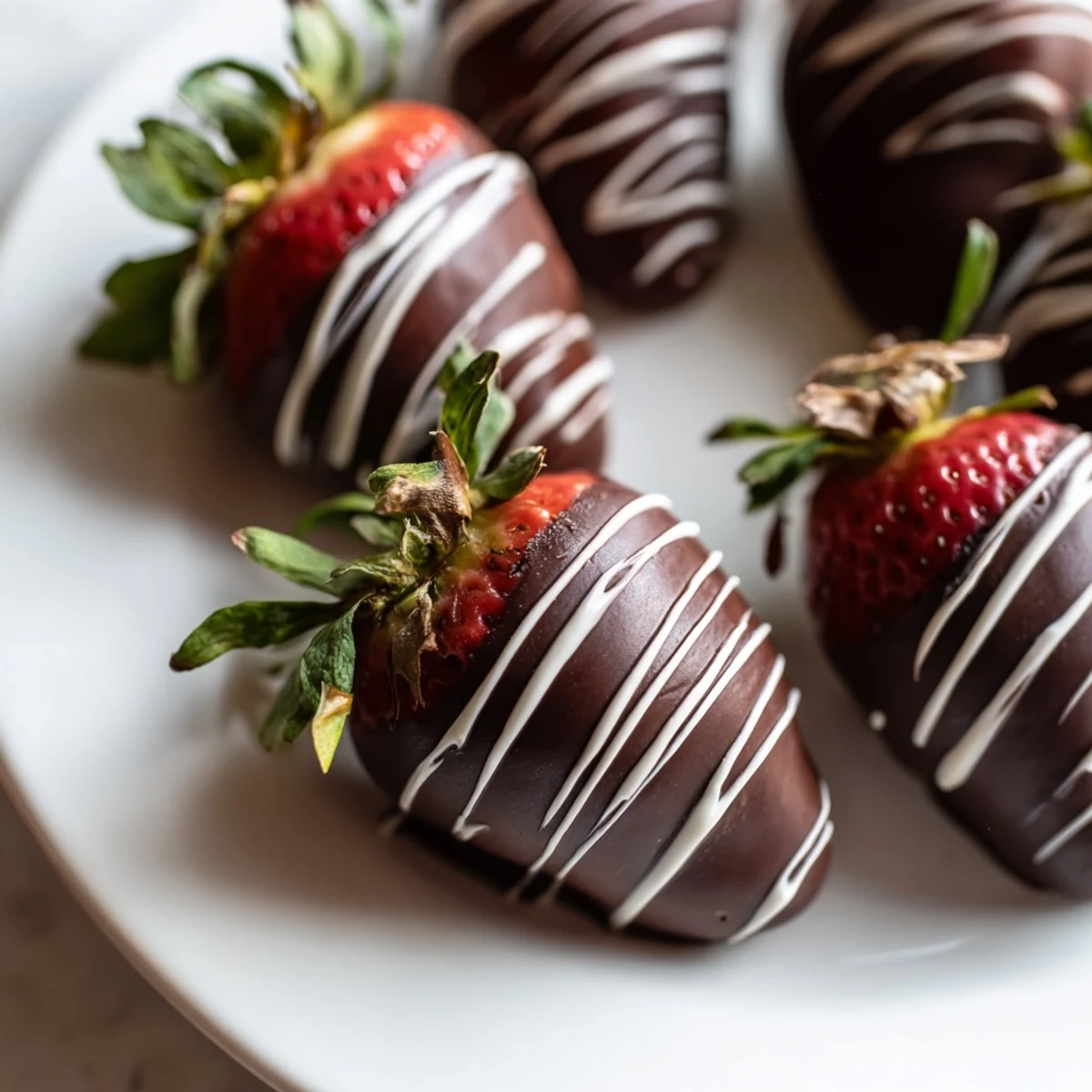 Fresh strawberries dipped in dark chocolate with a delicate white chocolate drizzle, ready to serve on a decorative platter.