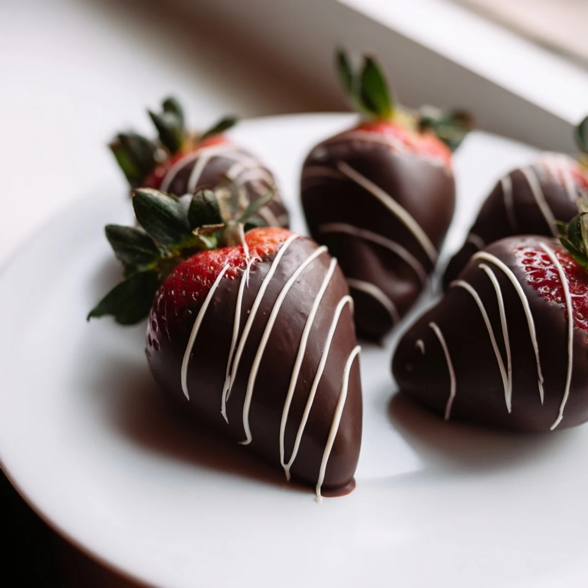 Chocolate Dipped Strawberries with White Chocolate Drizzle glisten on a chilled baking sheet, perfect for a party dessert platter.
