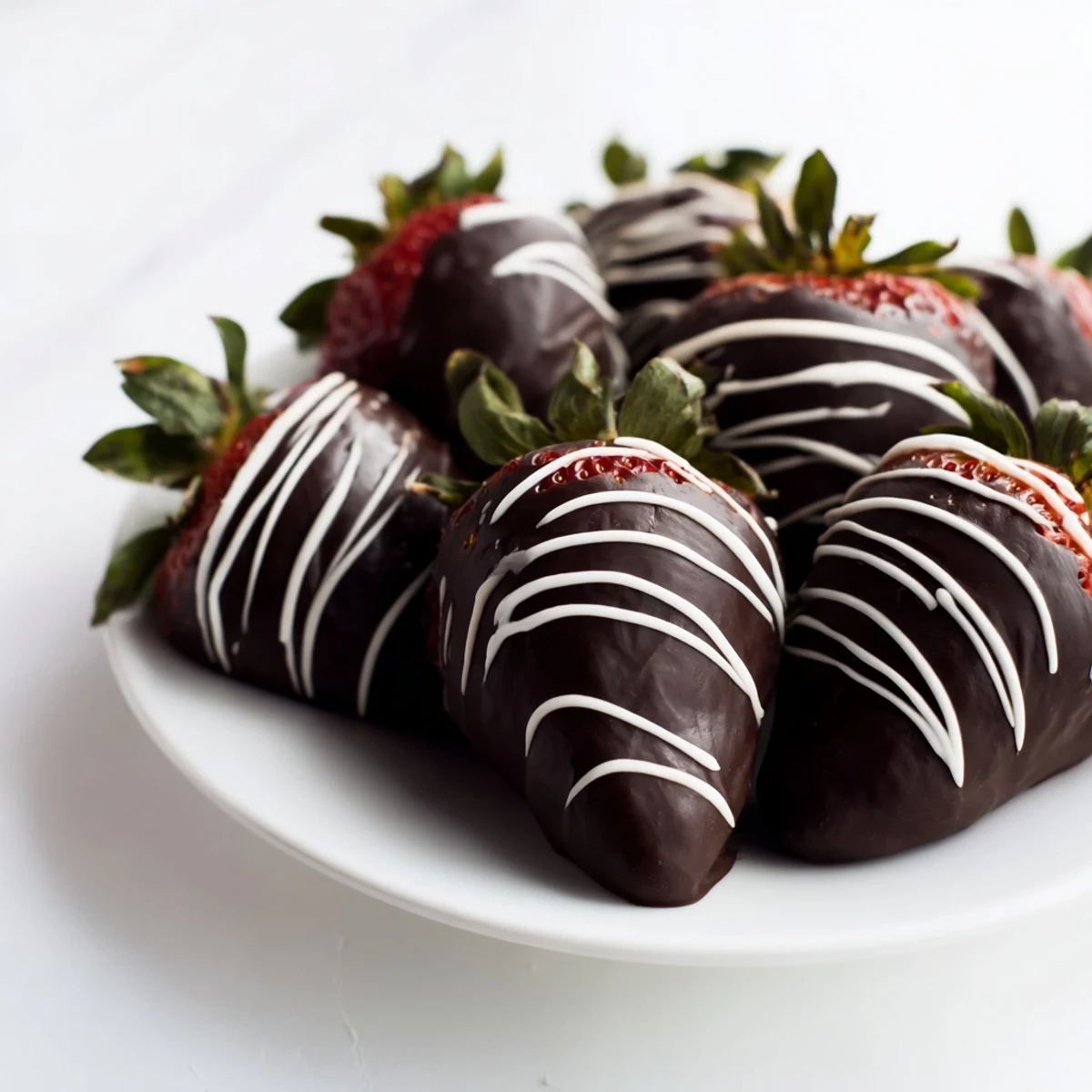 Juicy strawberries with dark chocolate coating and white chocolate drizzle, an elegant treat for a romantic evening in.