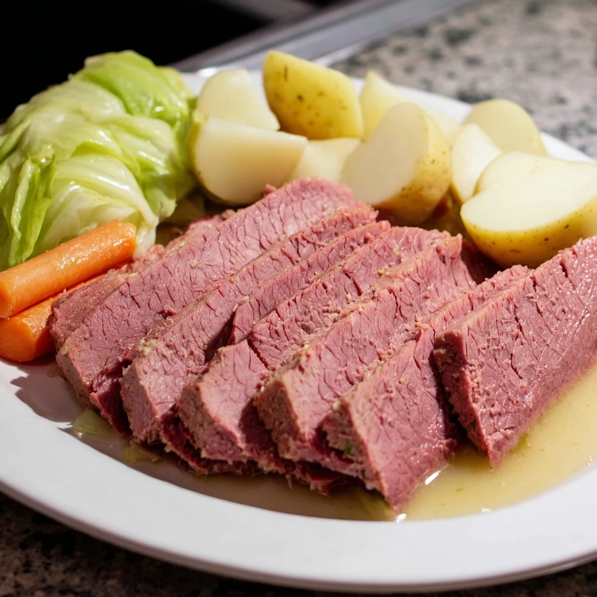 Tender Slow Cooked Corned Beef Brisket with Cabbage, potatoes, and carrots served on a platter, glistening with savory juices.  